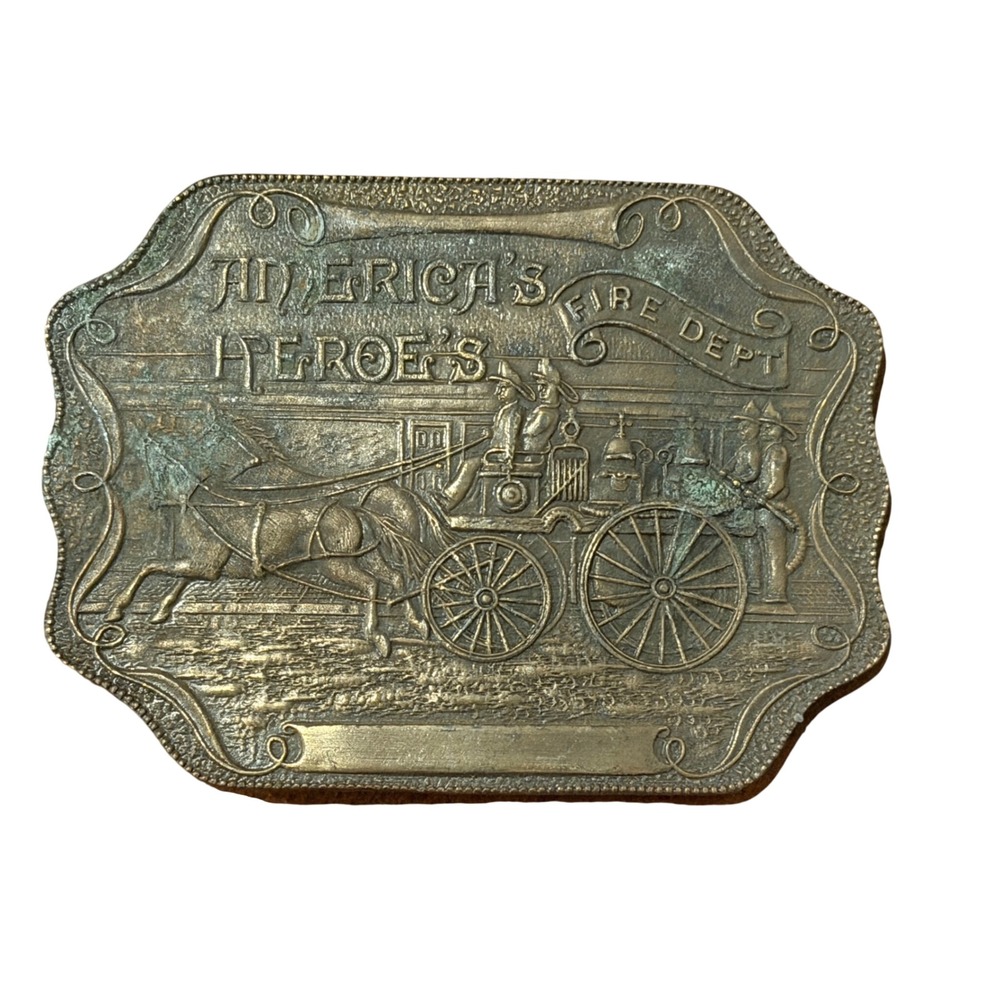 Vintage 1970s Bergamot Brass Works Belt Buckle America's Heroes Fire Dept S-35